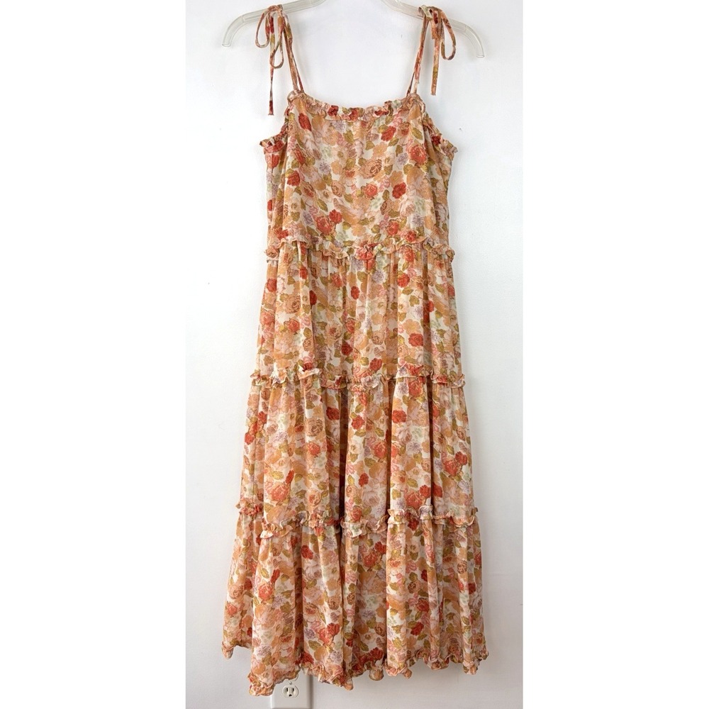 Storia Floral Ruffle Midi Dress Womens Small Peach Tie Shoulder Boho Prairie